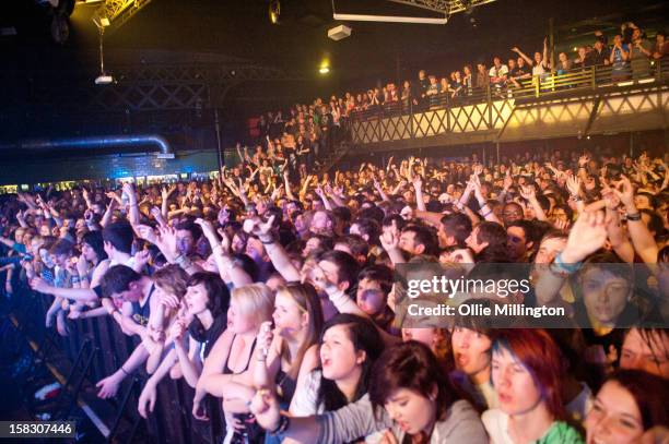 The crowd of Enter Shikari Perform onstage during a day of the 5th UK leg of their A Flash Flood of Colour World Tour called A Flash Flood Of...