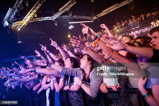 The crowd of Enter Shikari Perform onstage during a day of the 5th UK leg of their A Flash Flood of Colour World Tour called A Flash Flood Of...