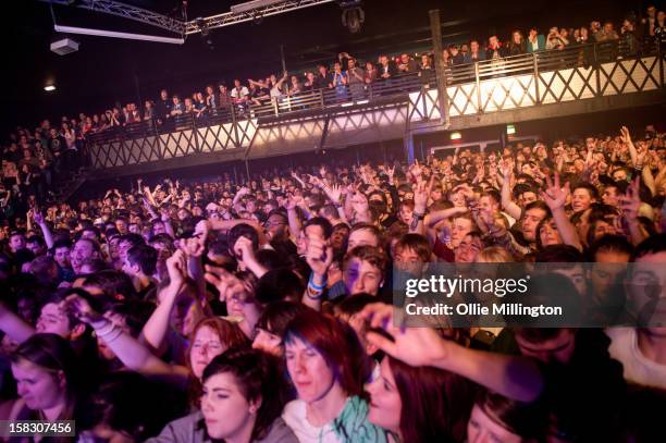 The crowd of Enter Shikari Perform onstage during a day of the 5th UK leg of their A Flash Flood of Colour World Tour called A Flash Flood Of...