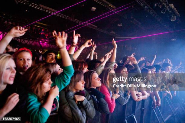 The crowd of Enter Shikari Perform onstage during a day of the 5th UK leg of their A Flash Flood of Colour World Tour called A Flash Flood Of...