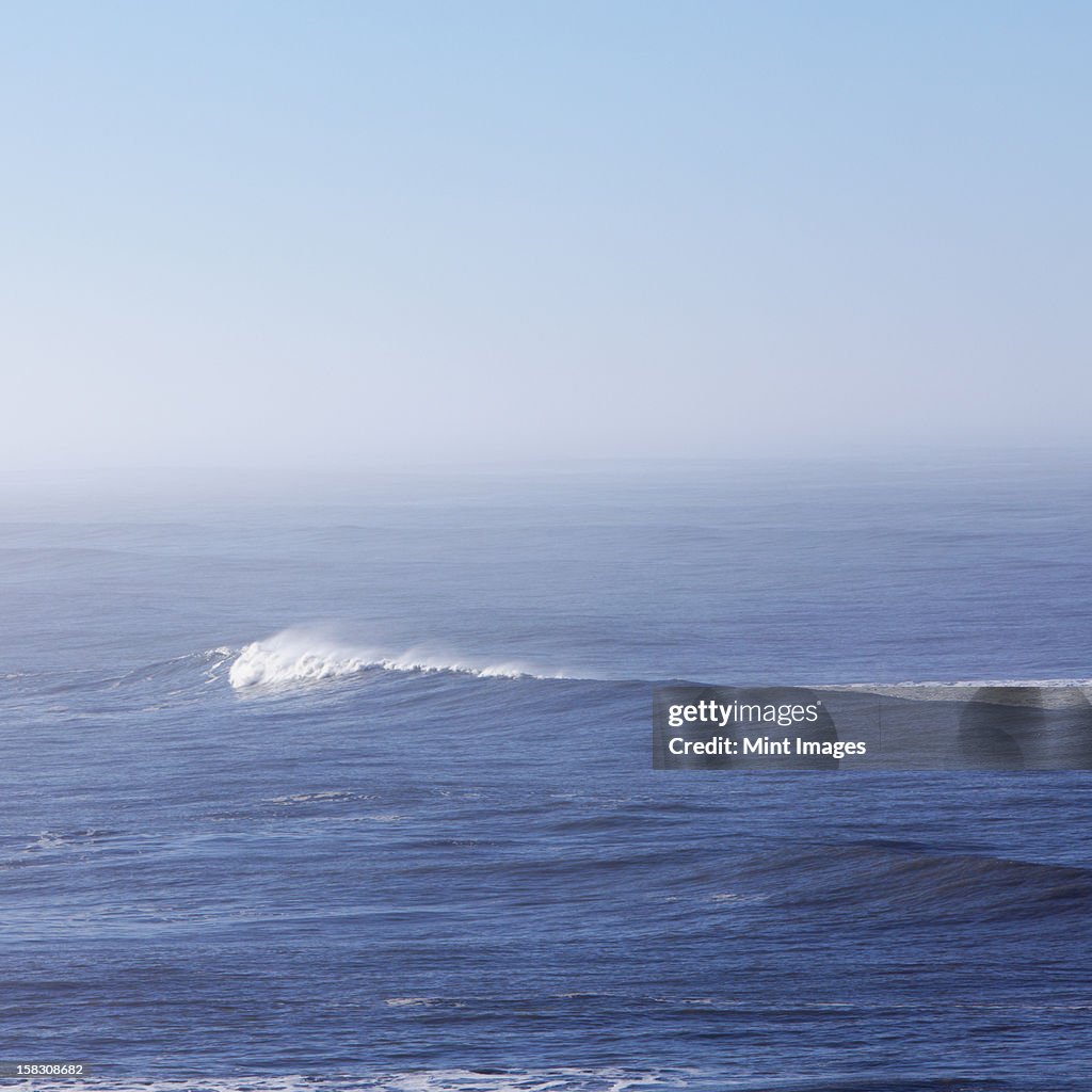 A view over the ocean, and a wave with a developing white crest.