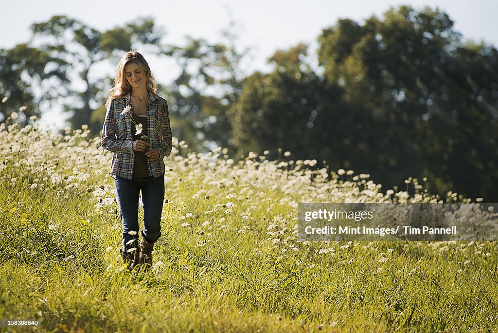 A young woman walking in a wild flower meadow.