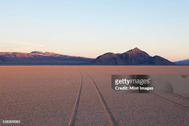 tyre marks and tracks in the playa salt pan surface of black rock desert, nevada. - nevada stock pictures, royalty-free photos & images