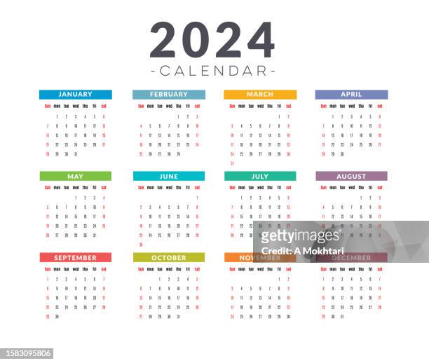 illustrazioni stock, clip art, cartoni animati e icone di tendenza di calendario 2024 in lingua inglese. - calendario