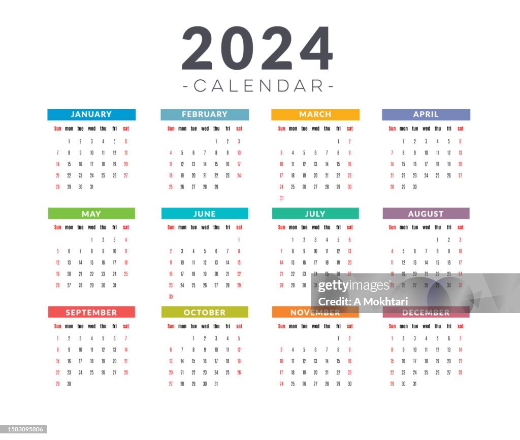 2024 calendar in English language.