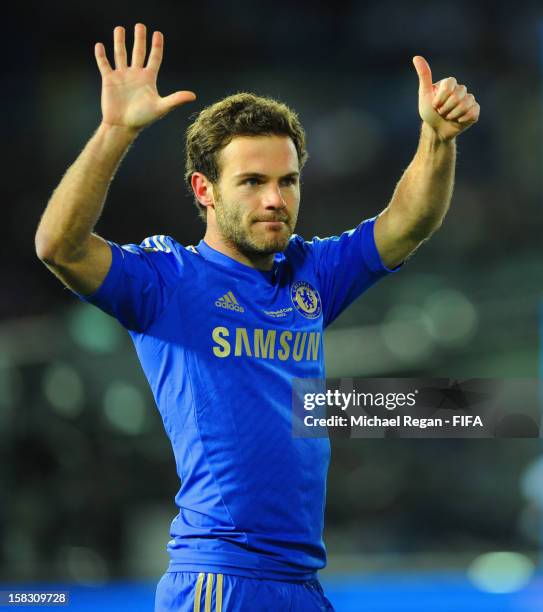 Juan Mata of Chelsea celebrates scoring to make it 1-0 during the FIFA Club World Cup Semi Final match between CF Monterrey and Chelsea at...