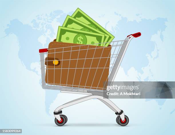 ilustraciones, imágenes clip art, dibujos animados e iconos de stock de carro de supermercado con cartera. - cartera vacía