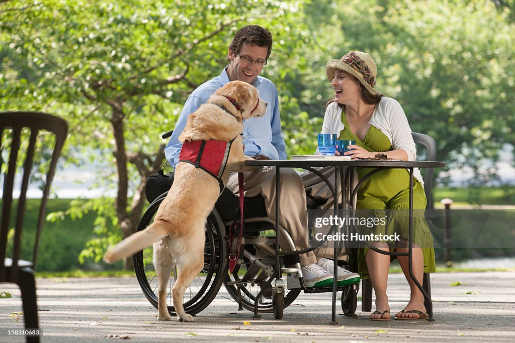 Man in wheelchair with spinal cord injury sitting at cafe with pregnant wife talking to the service dog