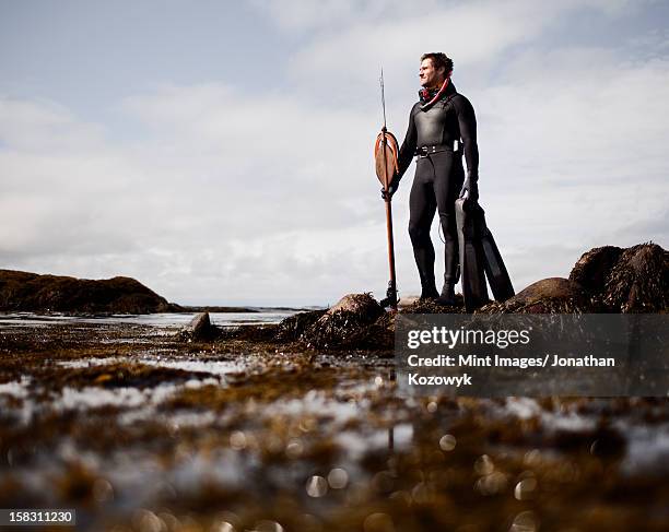 a man in a wetsuit, standing on the shore with a large spear fishing harpoon. - man spear fishing stock pictures, royalty-free photos & images