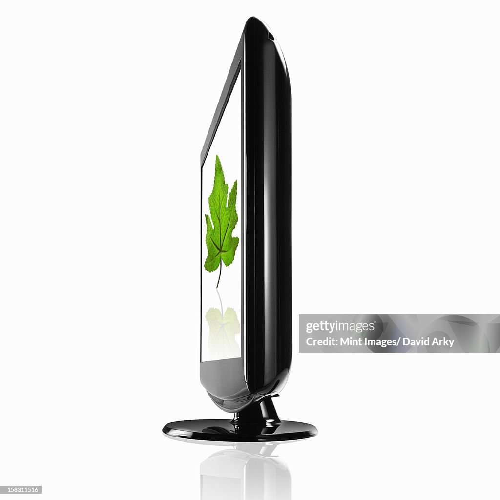 Side view of a flat screen monitor on a stand with a green leaf symbol.