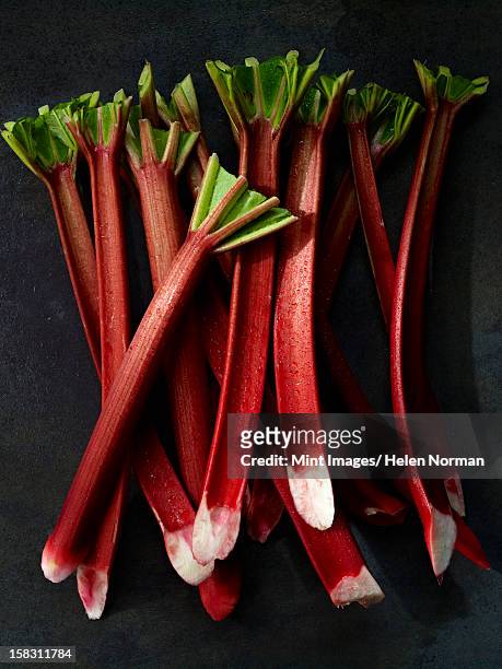 sticks of fresh rhubarb with long pink stems, and cut leaves. - rhubarbe stock pictures, royalty-free photos & images