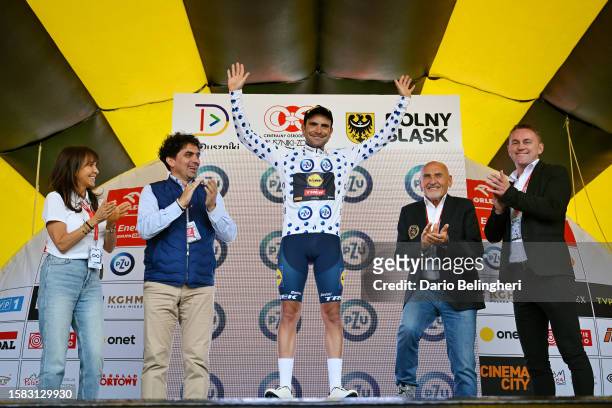 Jacopo Mosca of Italy and Team Lidl - Trek celebrates at podium as Polka dot Mountain Jersey winner during the 80th Tour de Pologne 2023, Stage 3 a...