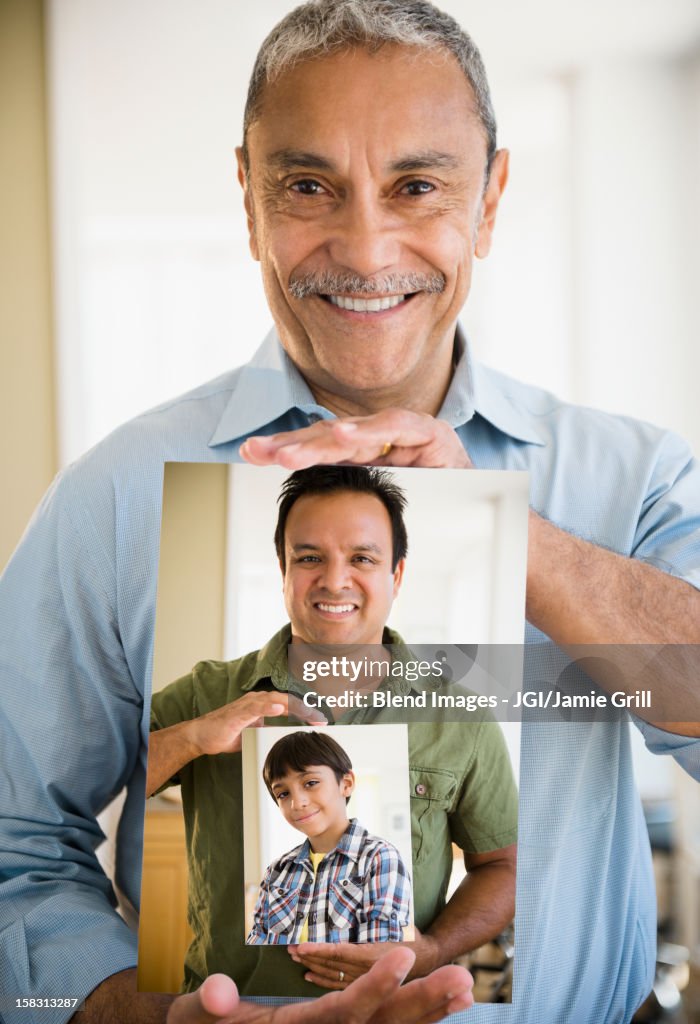 Portraits of Hispanic grandfather, father and son