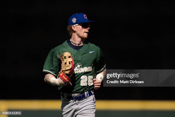 Pete Crow-Armstrong of the Chicago Cubs runs off the field during the All-Star Futures Game during All-Star week at T-Mobile Park on July 11, 2023 in...