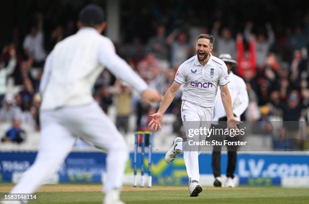 Chris Woakes of England celebrates the wicket of Steve Smith of Australia during Day Five of the LV= Insurance Ashes 5th Test Match between England...