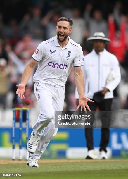 Chris Woakes of England celebrates the wicket of Steve Smith of Australia during Day Five of the LV= Insurance Ashes 5th Test Match between England...