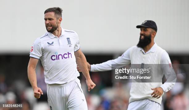 Chris Woakes of England celebrates the wicket of Steve Smith of Australia during Day Five of the LV= Insurance Ashes 5th Test Match between England...