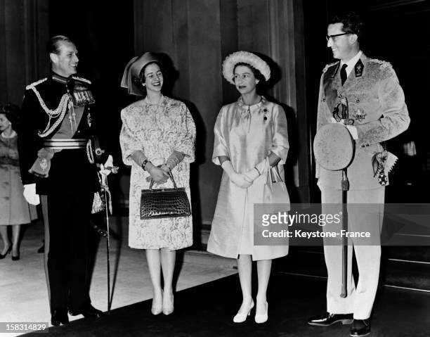 King of Belgium Baudouin and Queen Fabiola at Victoria station welcomed by Queen Elizabeth and Prince Philip Duke of Edinburgh for official visit on...