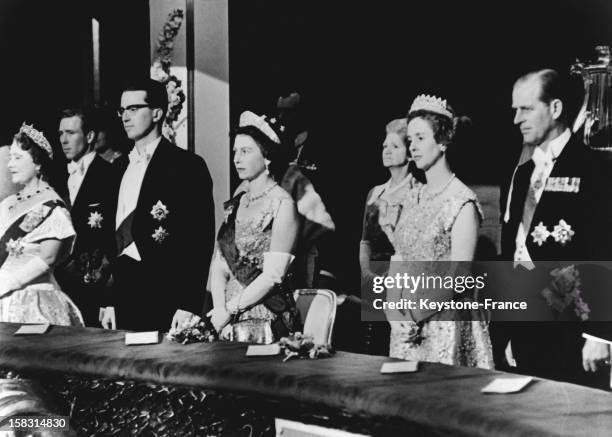 The King of Belgium Baudouin and the Queen Fabiola at Covent Garden Opera with Queen Elizabeth and Prince Philip the Duke of Edinburgh during...