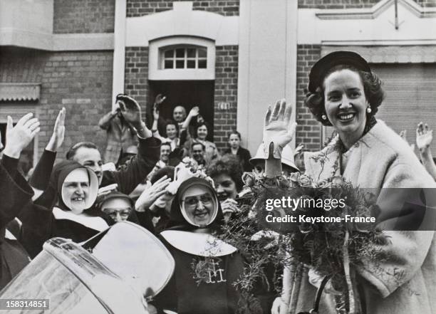 Queen Fabiola Of Belgium welcomed by the crowd in Eupen, Belgium on May 6, 1961.