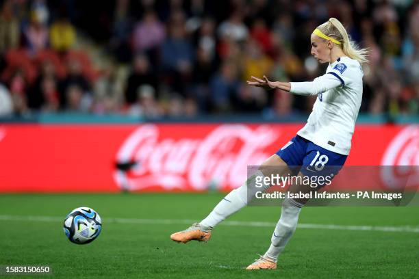 England's Chloe Kelly scores a penalty in during a penalty shoot-out after extra time in the FIFA Women's World Cup, Round of 16 match at Brisbane...
