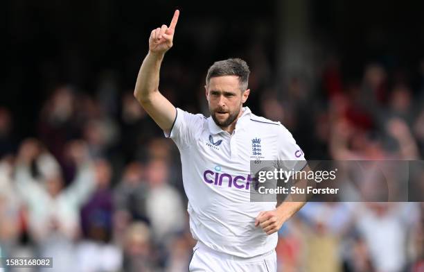 Chris Woakes of England celebrates the wicket of Mitchell Starc of Australia during Day Five of the LV= Insurance Ashes 5th Test Match between...