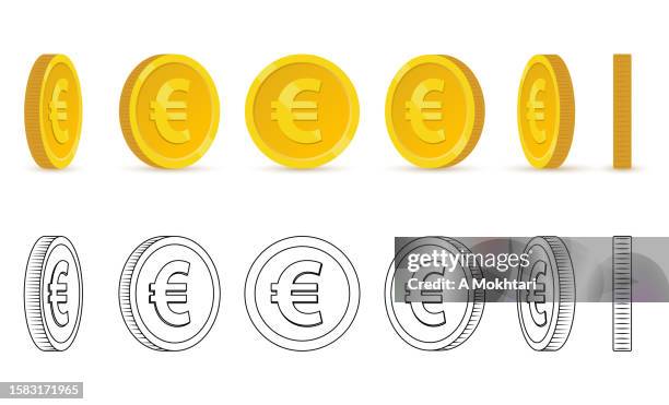 illustrazioni stock, clip art, cartoni animati e icone di tendenza di set di monete rotanti, euro. - moneta da un euro
