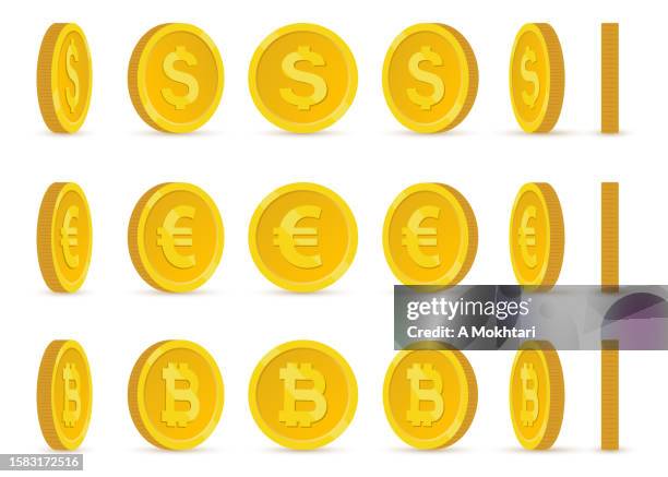satz rotierender münzen, dollar, euro und bitcoin. - stereoskopische photographie stock-grafiken, -clipart, -cartoons und -symbole