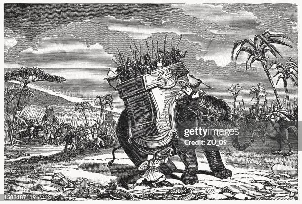 eleazar's heroic death (1 maccabees 6), wood engraving, published 1835 - maccabi stock illustrations