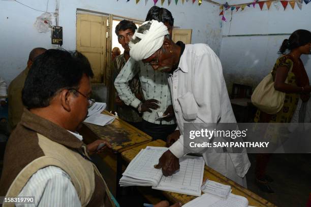 An elderly Indian man places his thumb print on a register book before casting his vote in the state assembly elections at Sanand town, some 30 kms...