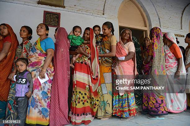 Indian female voters wait in line to cast their ballot in the state assembly elections at Sanand town, some 30 kms from Ahmedabad on December 13,...