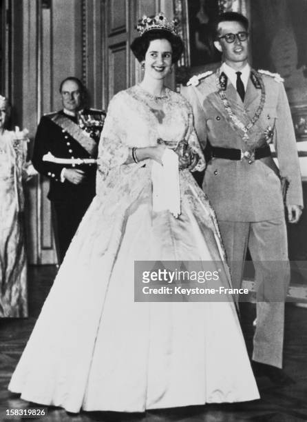 King Baudouin and his fiancee Dona Fabiola of Spain arrive at the reception given at the royal palace of Brussels, Belgium on December 13, 1960.