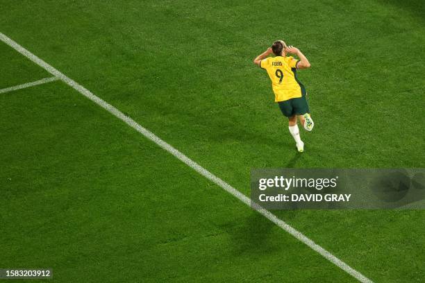 Australia's forward Caitlin Foord celebrates after scoring a goal during the Australia and New Zealand 2023 Women's World Cup round of 16 football...