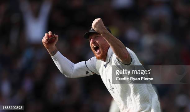 Ben Stokes of England celebrates after taking a catch to dismiss Pat Cummins of Australia during Day Five of the LV= Insurance Ashes 5th Test Match...