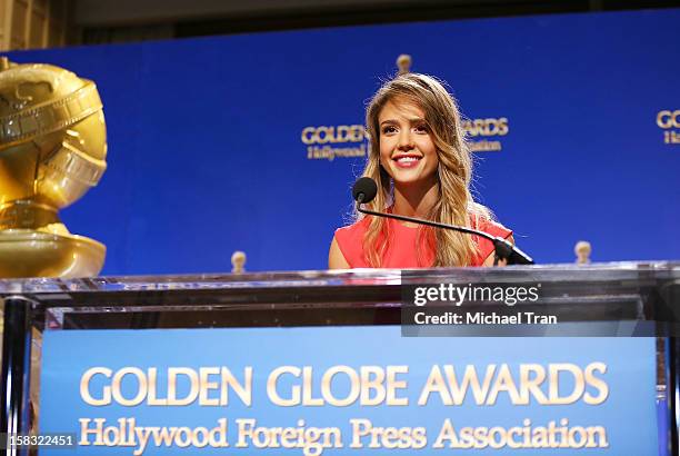 Jessica Alba speaks at the 70th Annual Golden Globe Awards nominations announcement held at The Beverly Hilton on December 13, 2012 in Los Angeles,...