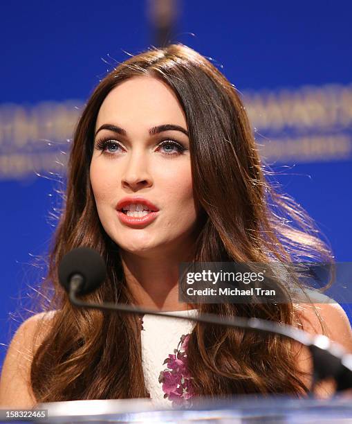 Megan Fox speaks at the 70th Annual Golden Globe Awards nominations announcement held at The Beverly Hilton on December 13, 2012 in Los Angeles,...