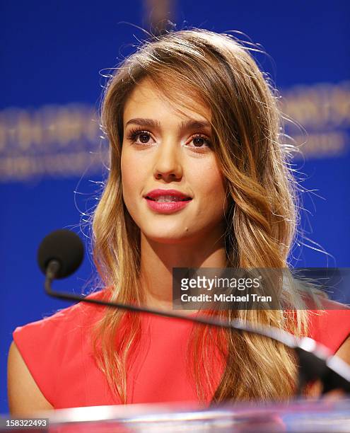 Jessica Alba speaks at the 70th Annual Golden Globe Awards nominations announcement held at The Beverly Hilton on December 13, 2012 in Los Angeles,...