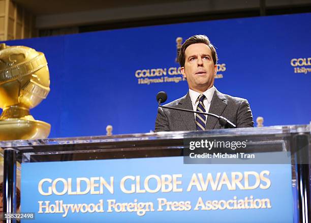 Ed Helms speaks at the 70th Annual Golden Globe Awards nominations announcement held at The Beverly Hilton on December 13, 2012 in Los Angeles,...
