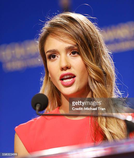 Jessica Alba speaks at the 70th Annual Golden Globe Awards nominations announcement held at The Beverly Hilton on December 13, 2012 in Los Angeles,...