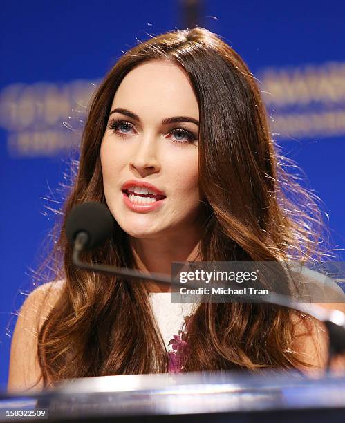 Megan Fox speaks at the 70th Annual Golden Globe Awards nominations announcement held at The Beverly Hilton on December 13, 2012 in Los Angeles,...