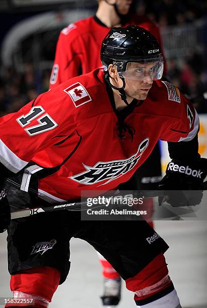 Ben Walter of the Abbotsford Heat prepares for a face off against the Toronto Marlies during AHL game action December 9, 2012 at Ricoh Coliseum in...