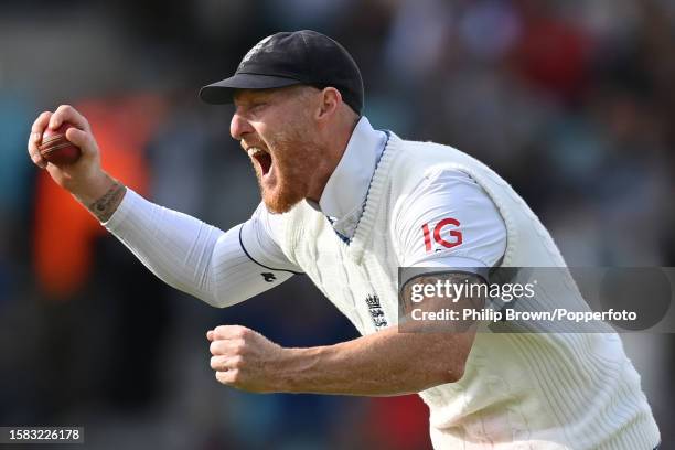 Ben Stokes of England celebrates after catching Pat Cummins of Australia during the fifth day of the 5th Test between England and Australia at The...