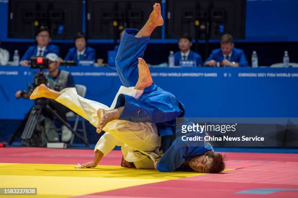 Zaur Dvalashvili of Team Georgia competes against Shodmon Rizoev of Team Tajikistan in the Judo Men's -81 kg Contest for Bronze Medal on day 2 of...