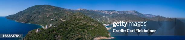 aerial panorama of tyros arcadian coastline in summer - arcadia greece stock pictures, royalty-free photos & images