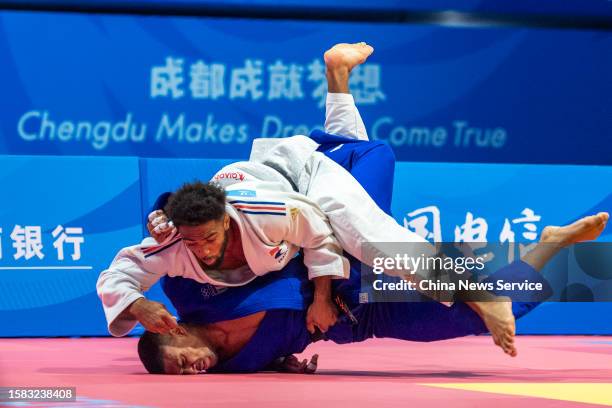 Arnaud Landja Aregba of Team France competes against Kenny Komi Bedel of Team Italy in the Judo Men's -81 kg Contest for Bronze Medal on day 2 of...