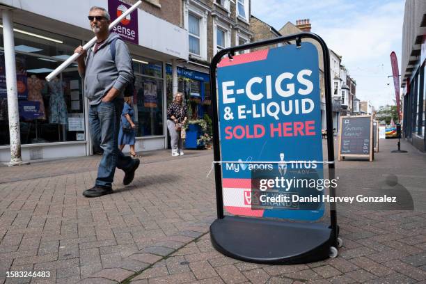 An advertisement outside a high street vape and e-cigarette shop advertising e-cigarettes and vaping products for sale as the Local Government...