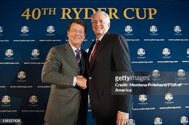 Ryder Cup Captain Tom Watson and PGA President Ted Bishop pose for the media during the US Ryder Cup Captain Announcement Press Conference at the...
