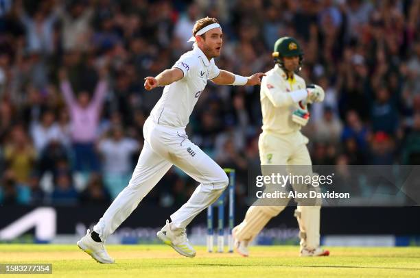 Stuart Broad of England celebrates taking the wicket of Alex Carey of Australia and victory during Day Five of the LV= Insurance Ashes 5th Test...