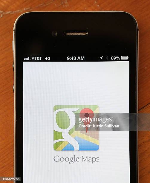 The Google Maps app is seen on an Apple iPhone 4S on December 13, 2012 in Fairfax, California. Three months after Apple removed the popular Google...