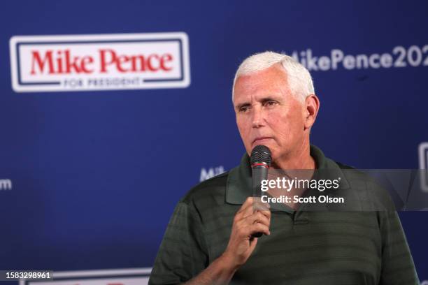 Republican presidential candidate former Vice President Mike Pence speaks at the Clinton County GOP Hog Roast on July 30, 2023 in Clinton, Iowa....